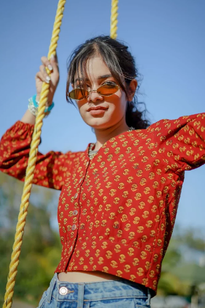 Red Cotton Crop Top with Yellow Bagh Hand-Block Print-2.webp